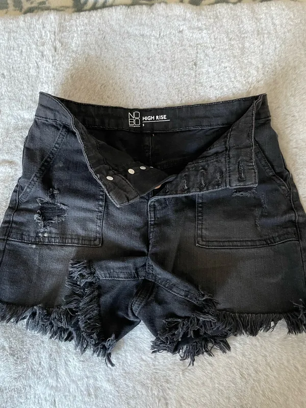 No Bo Black denim shorts with frayed hem and button fly #denim #summer - Image 2