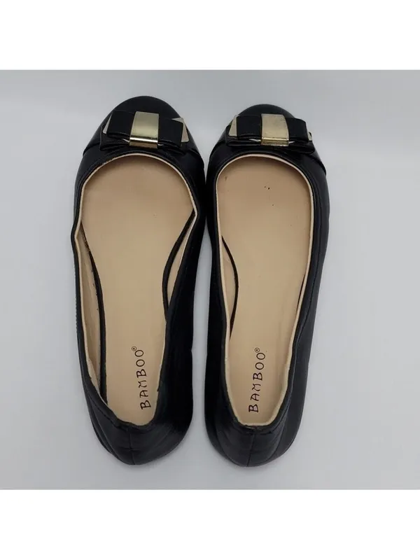 Bamboo Lula Flat Black Faux Leather Bow Ballet Shoe Size 9 - Image 2