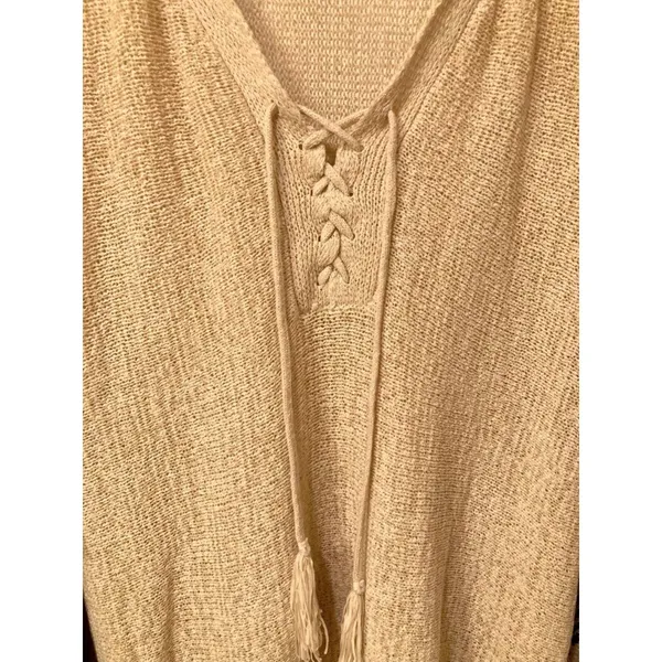 Double Zero Cream Fringe Knit Poncho Sweater Navy Blue Aztec Detail Size Medium - Image 9