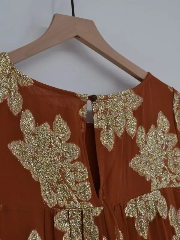 Anthropologie Jocasta Tiered Maxi Dress Burnt Orange Gold Metallic XS - Image 6