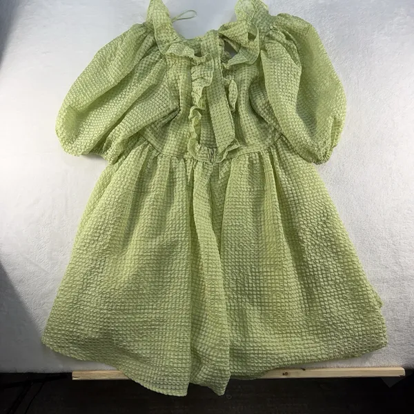 Mable M Medium Babydoll Mini Dress Green Textured Puff Sleeves Pockets‎ Coquette - Image 9