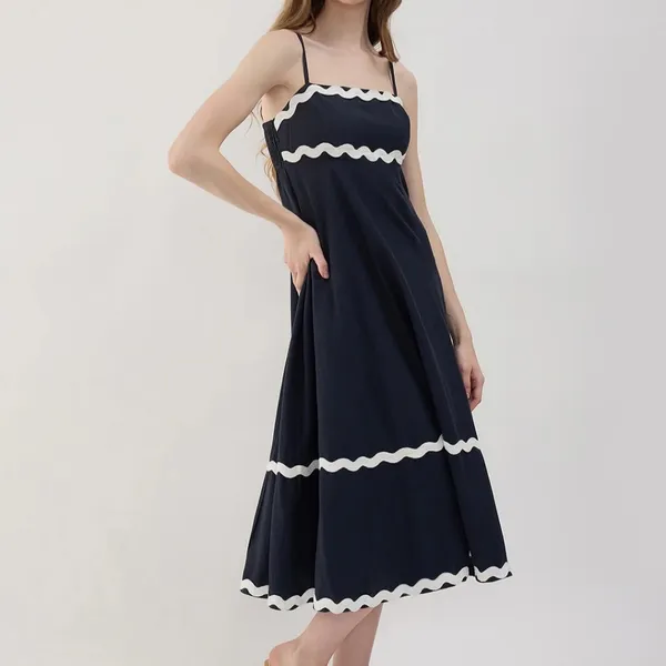 NEW SIM & SAM Linen Blend Navy w/White Trim Tiered Midi Dress M - Image 3