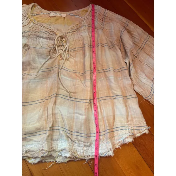 We The Free Plaid Lace Up Blouse Long Sleeve Gauzy Cotton Boho Flowy Blend Large - Image 6