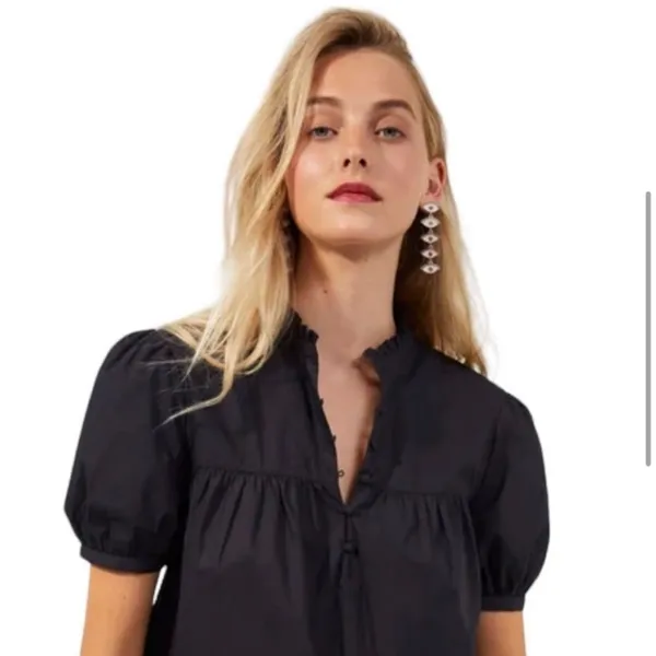 French Connection Poplin Mini Dress Puff Sleeve Black Small Preppy Coastal Chic - Image 4