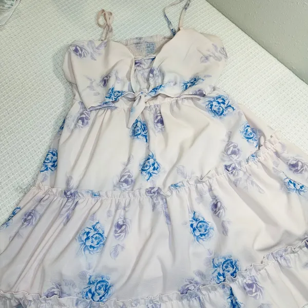 Floral Tie Front Tiered Ruffle Mini Dress Pink/Blue Rose Smocked Back Summer - L - Image 9
