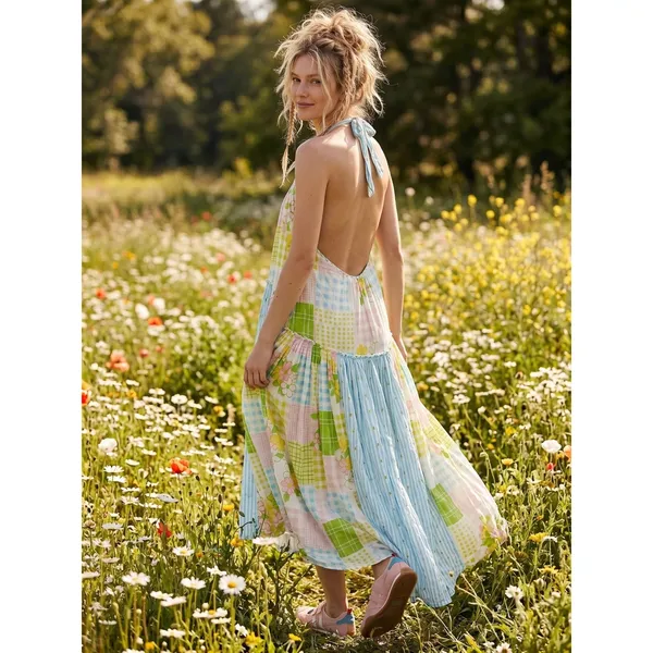 Free People Cottage Embroidered Patched And Pretty Halter Midi Maxi Dress Medium - Image 5
