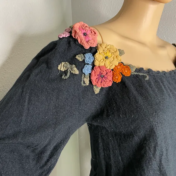 Moth for 3/4 Sleeve Black Wool Blend Blouse Floral Appliqué Detail - Image 5