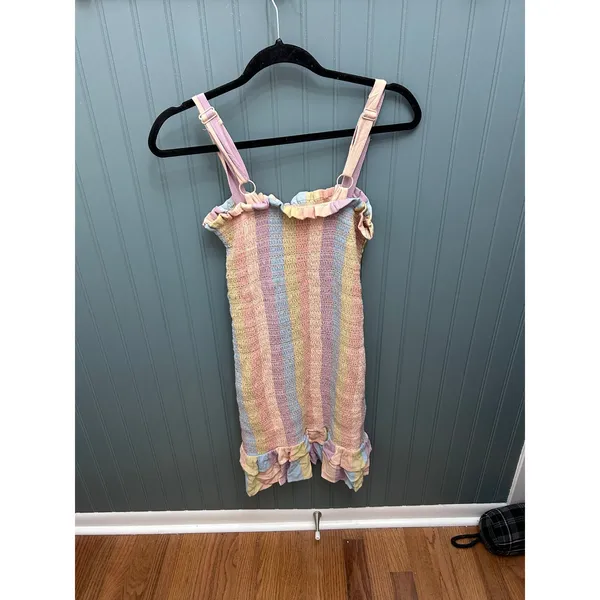 American Eagle Rainbow‎ Pastel Smocked Ruffle Trim Mini Dress - Size S - Image 3