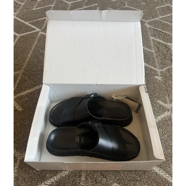 Papillio Birkenstocks Almina Black Leather Wedge Sandals Contoured Footbed 7 38 - Image 2