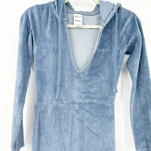 Iets Frans UO Womens Loungewear Kenny Plunge Neck Hooded Velour Jumpsuit XS Blue - Image 7