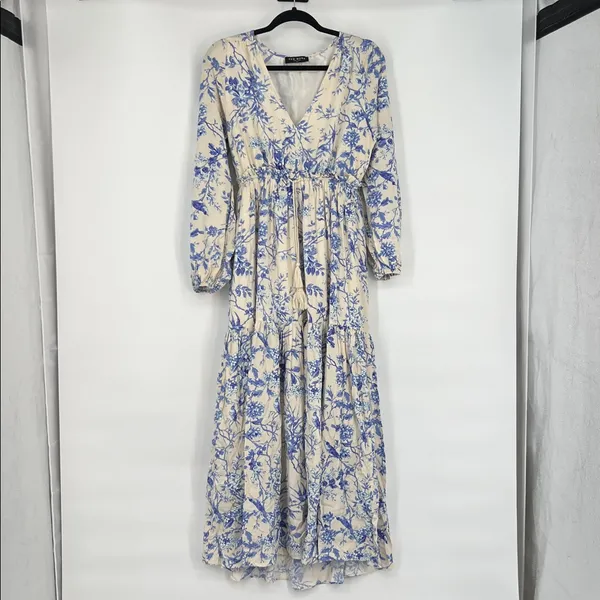 Blue Floral Long Sleeve Tiered Maxi Dress Cream/Blue XS - Image 2