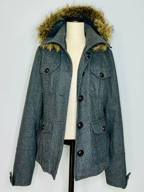Vintage Y2K dELiA*s Grey Wool-Blend Peacoat with Removable Faux Fur Hood Medium - Image 5