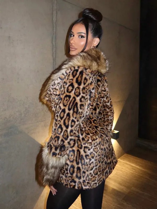 Leopard Faux Fur Trim Coat - Brown Animal Print Jacket - Image 2