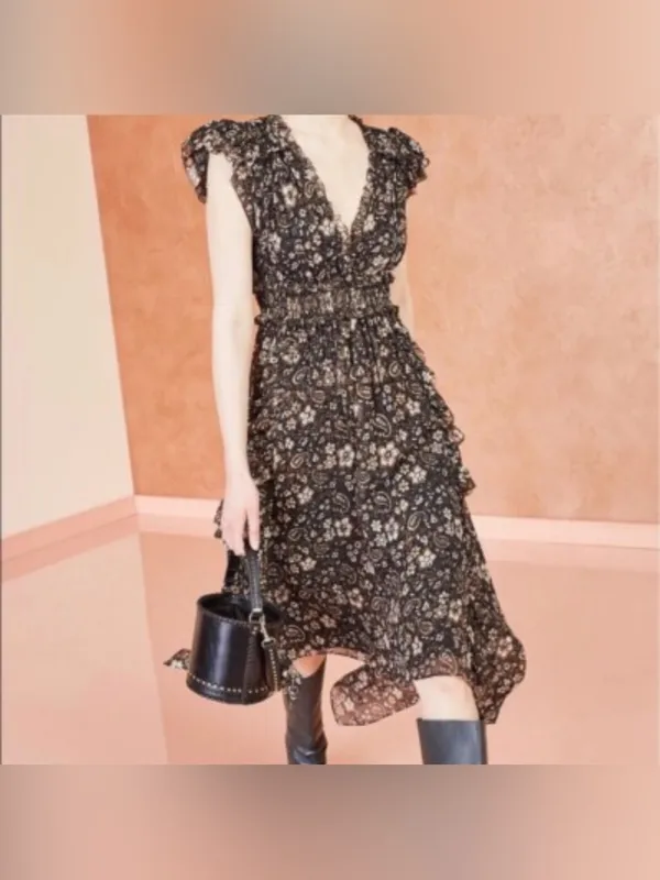Ulla Johnson Black Floral Asymmetrical Midi Dress 100% Silk - Image 3