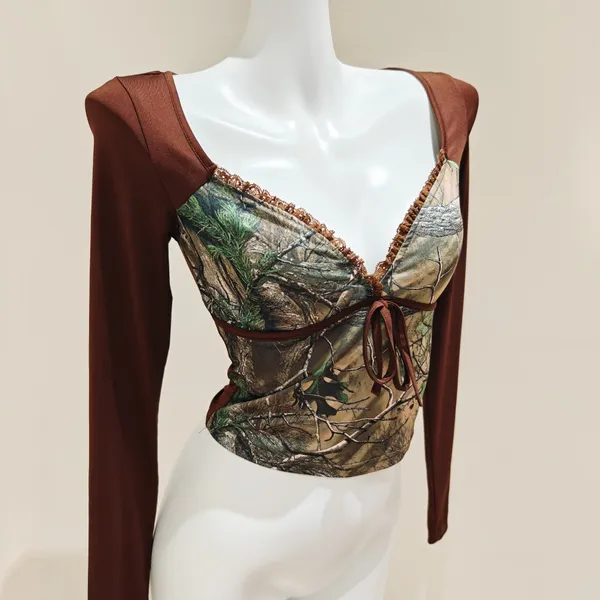 Brown Long Sleeve Crop Top - Image 3