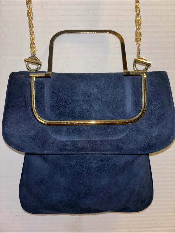 Sheldon Original..Vintage Navy Blue Suede With Gold Toned Crossbody Chain - Image 2