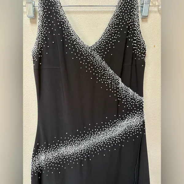 Vintage 90s Black Beaded Midi Dress Asymmetrical Formal Prom Wedding Guest M - Image 3