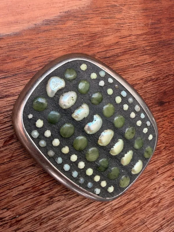 Western Boho Silver Gemstone Belt Buckle Pearls, Jade, Green Garnet, Chrysoprase - Image 3