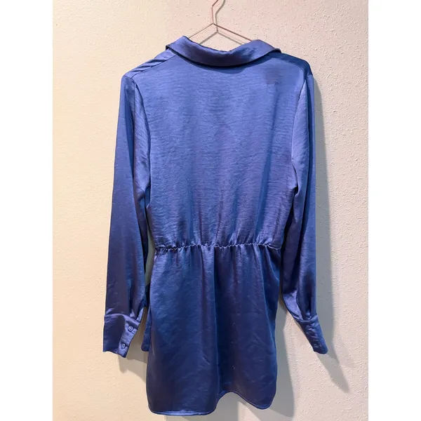 4th & Reckless‎ Shirt Dress Women M Blue Satin Wrap Mini Cocktail Party Dress - Image 6