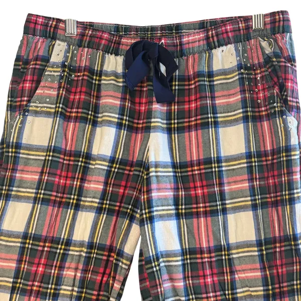 Aerie Women Medium Plaid Flannel Pajama Pants Rhinestone Accent Navy‎ Drawstring - Image 9