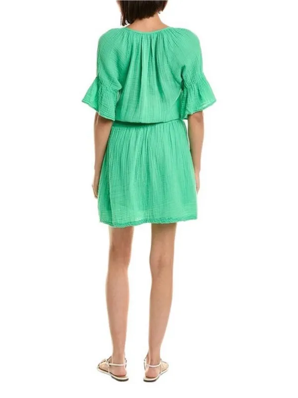 NWT Michael‎ Stars Katelyn Cotton Gauze Smocked Waist Peasant Dress Green Medium - Image 2