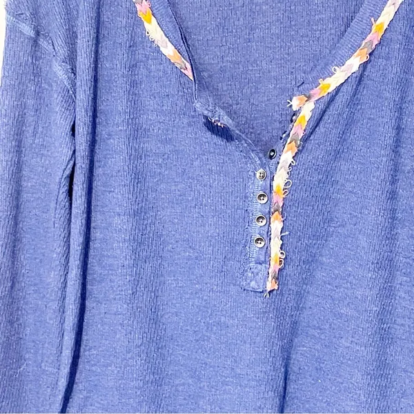 Free People Size Medium Royal Blue Rainbow Embroidered Henley Thermal Top Boho - Image 2