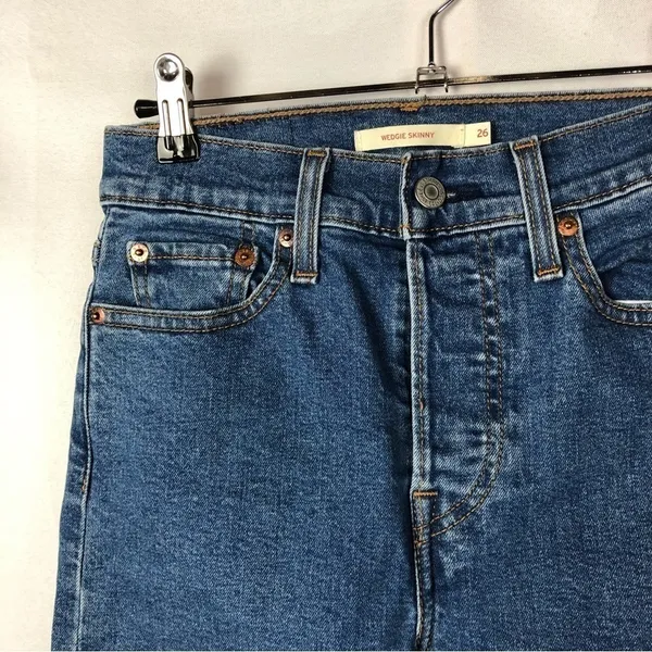 Levi's Wedgie‎ Skinny Dark Blue Wash Button Fly Raw Hem Jeans 26 - Image 3