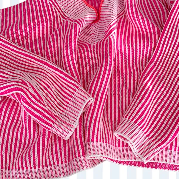 Pink and White Striped V-Neck Knit Sweater w Relaxed Boxy Fit LG/OS - Image 2