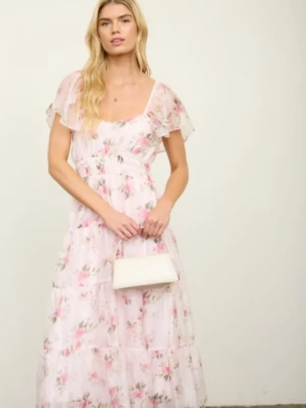 Floral Chiffon Flounce Sleeve Shirred Midi Dress Small - Image 4