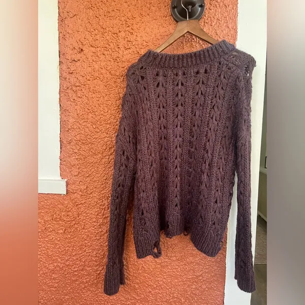 Altard State Womens Small Sweater Plum Distressed Open Knit Long Sleeve Pullover - Image 6