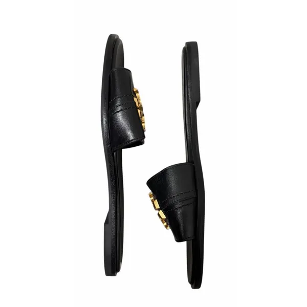 Tory Burch Everly‎ Calf Leather Gold Logo Slide Sandals Black Women's Size 7M - Image 6