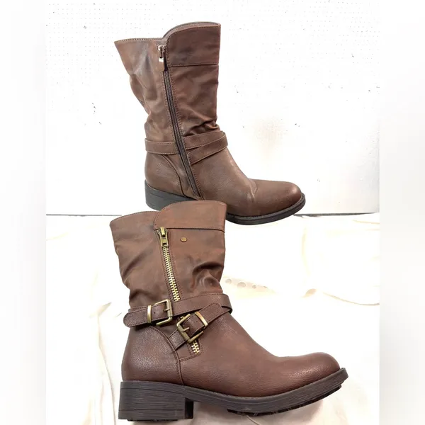 Global Win 9 Women's Brown Faux Leather Slouch Buckle Zip Heeled Boots - Image 4