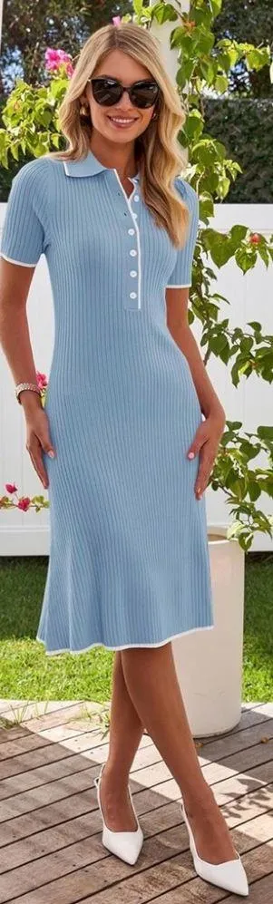 MEROKEETY Women's V Neck Ribbed Knit Midi Dress Short Sleeve Button Small - Image 2