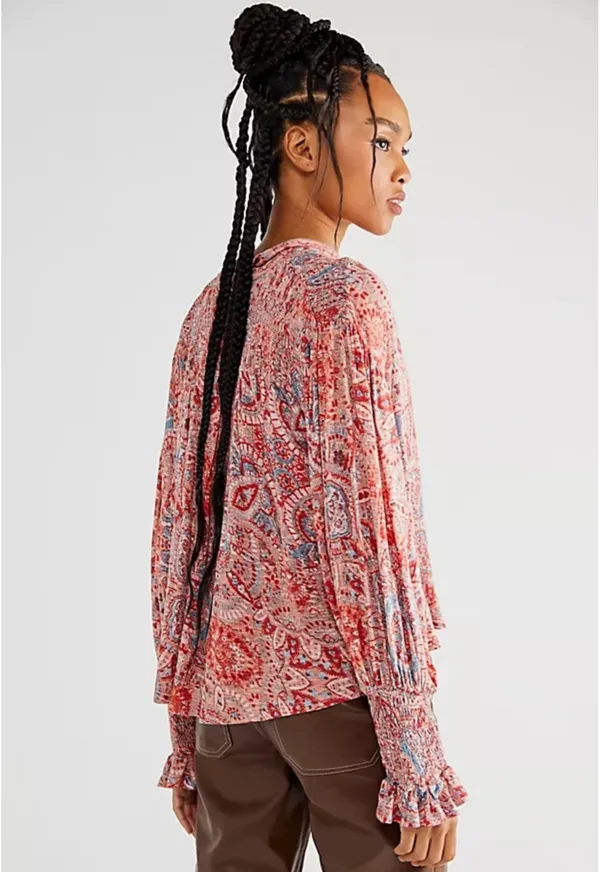Free People Vista Dreams Top Printed Smocked Long Sleeve V Neck Blouse Tie M - Image 3