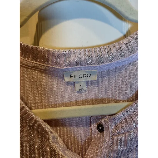 Pilcro Anthropologie Metallic Pink Silver Ribbed Henley Long Sleeve Size Large - Image 3