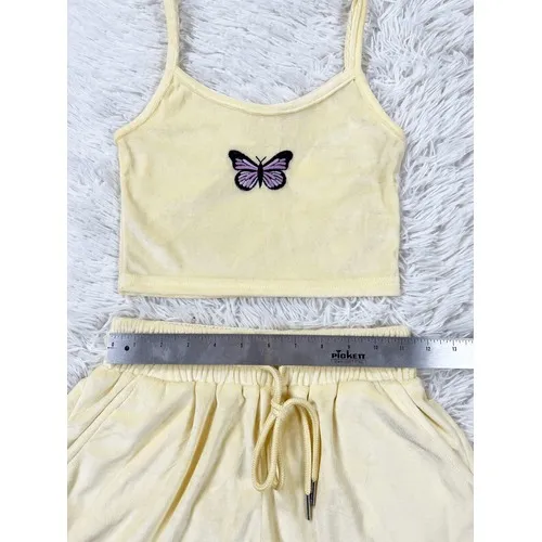 Shein Yellow‎ Velour Butterfly Crop Tank Top & Shorts Set Size XS - Image 4