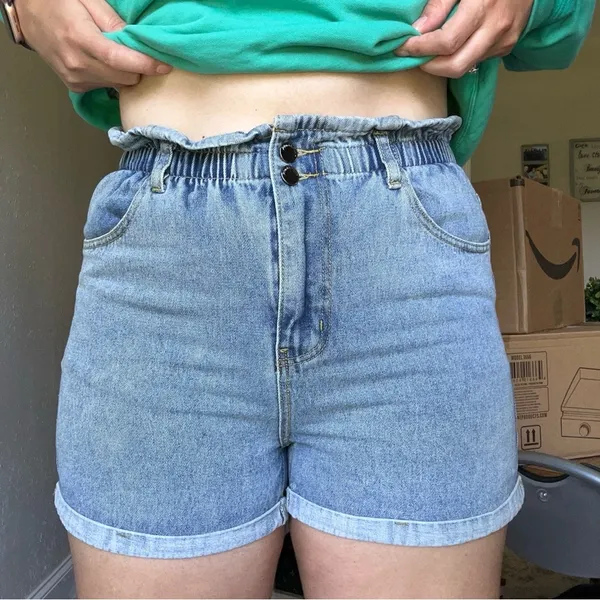 Plaid & Plain Elastic Waist High Rise Denim Jean Retro Rolled Shorts Medium - Image 10