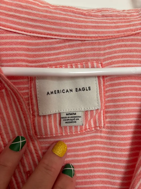 American Eagle Coral Striped Oversized Cotton Blend Button-Up Beach Shirt - Image 2