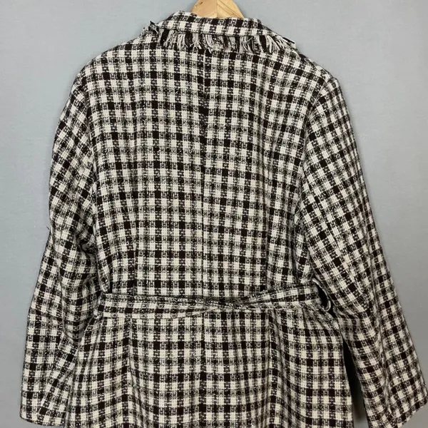 NWT Grace Karin Tweed Pea Coat Plaid Women Size XL Raw Edges Belted Cream Brown‎ - Image 6