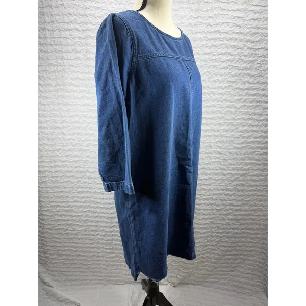Madewell Denim Shift Dress Medium Wash Frayed Hem Long Sleeve Blue G7926 - Image 2