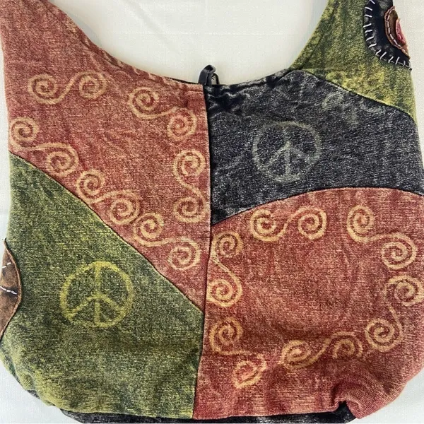 Rising International Embroidered Peace Sign Patchwork Boho Hobo Bag - Image 4