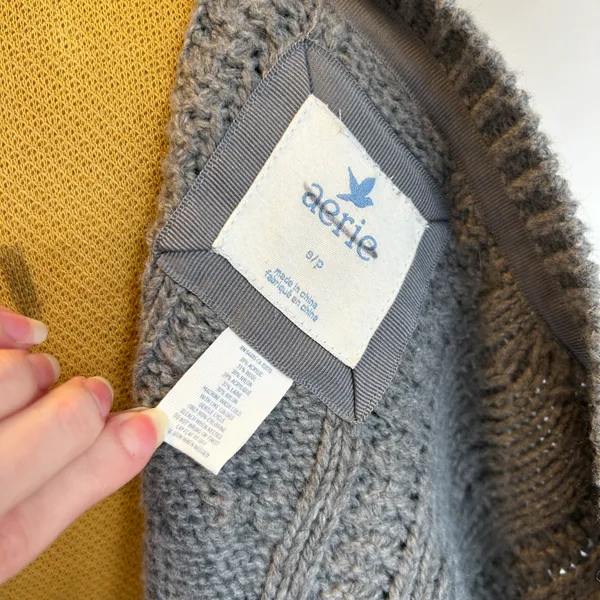 Aerie wool blend grey button cable pom pom ribbed cardigan - Image 4