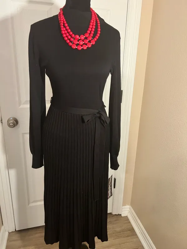 Nina Leonard Black fall pleated evening sweater dress - Image 9