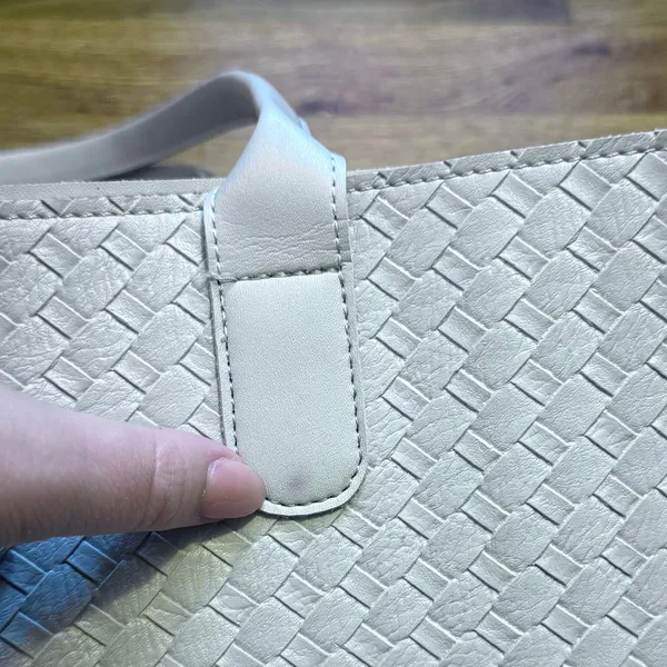 Light Gray Basket Weave Faux Leather Tote Purse Carry on Travel Everyday Basic - Image 6