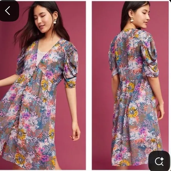 Akemi + Kin x Anthropologie | Floral V-Neck Button Front Flutter Sleeve Dress, S - Image 11