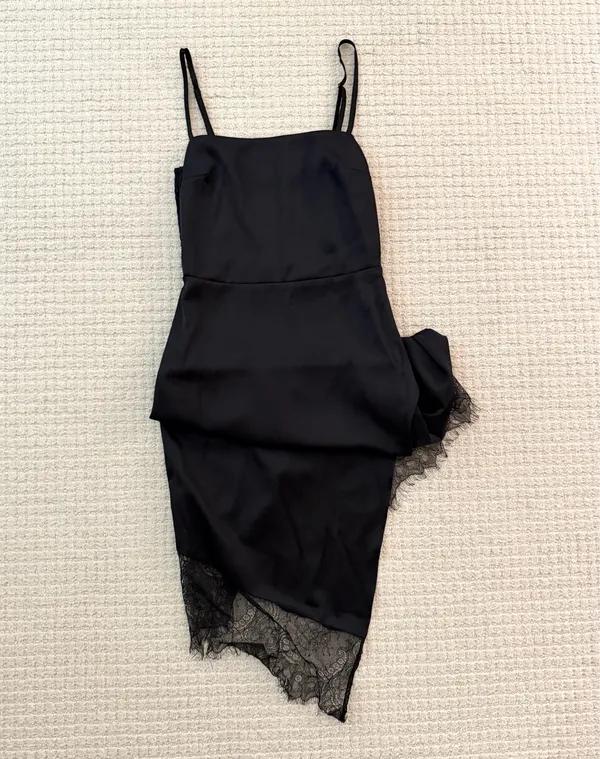 Black Slip Mini Dress with Lace Hem - Image 3
