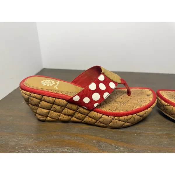Yellow Box Red Polka Dot Cork Wedge Thong Sandals Estimated Size 7.5 - Image 3