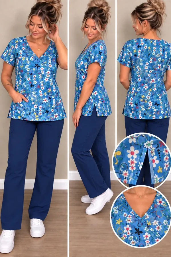 SB Scrubs Floral Butterfly Scrub Top Size L Blue V-Neck Pocket - Image 2