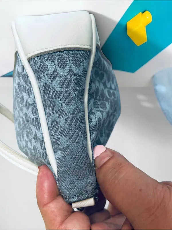 Coach Gray-Blue Signature Jacquard Shoulder Bag with White Trim - Image 7