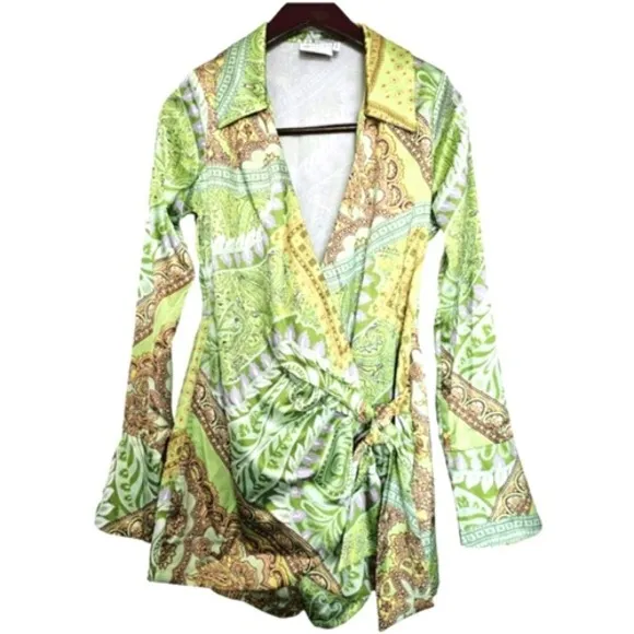 ASOS DESIGN -1014 heavy‎ satin wrap knot front romper green paisley size 4 - Image 2